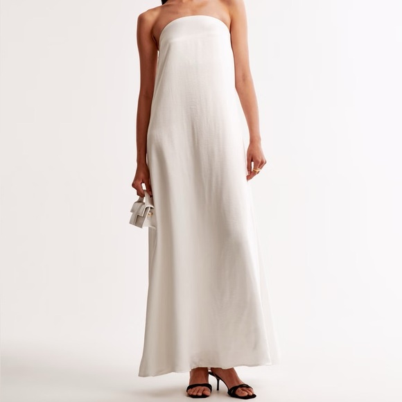Abercrombie Maxi Dress White Satin Strapless Trapeze Bridal Wedding size L - Picture 1 of 9